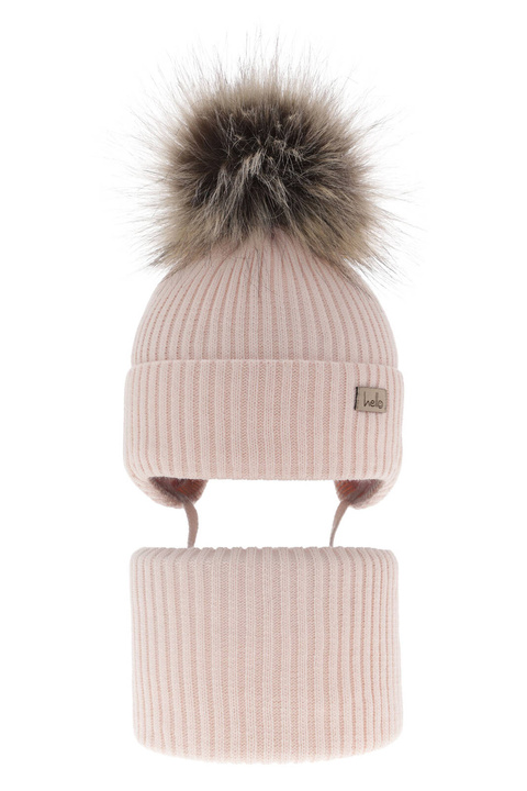 Ensemble d'hiver fille: bonnet et snood, rose clair, avec pompon, avec liens, Bria