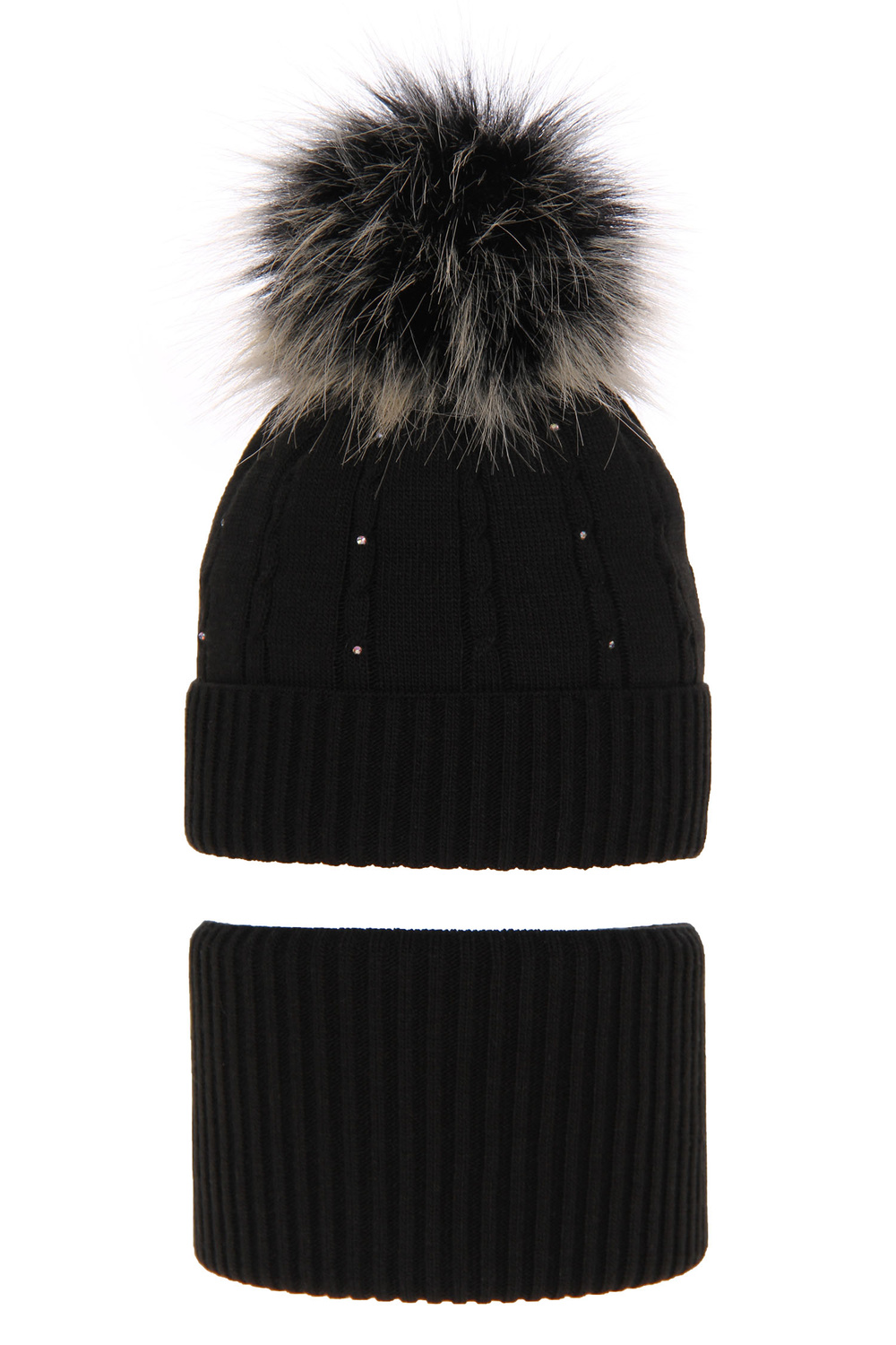 Ensemble d'hiver fille: bonnet et snood, noir, avec pompon, Lawa