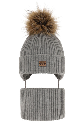 Ensemble d'hiver garçon: bonnet et snood, gris, avec pompon, Eger