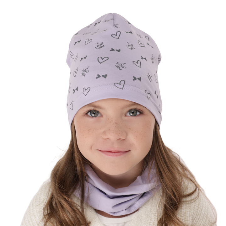 Ensemble automne/printemps fille: bonnet et snood, lilas, en coton, Lovena