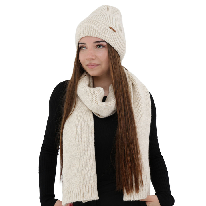 Ensemble d'hiver femme: bonnet et écharpe, jasnobeżowy, avec laine mérinos, Seala