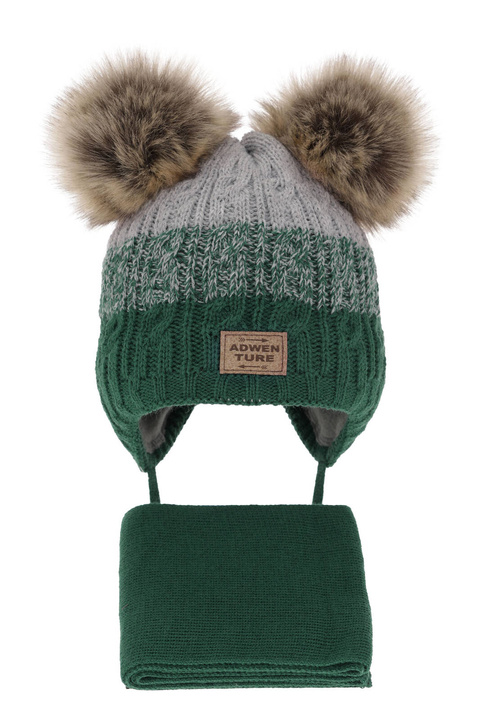 Ensemble d'hiver garçon: bonnet et écharpe, vert, avec deux pompons, Platon