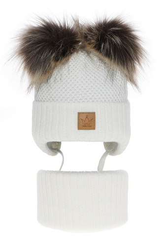 Ensemble d'hiver fille: bonnet et snood, blanc, avec deux pompons, Minsi