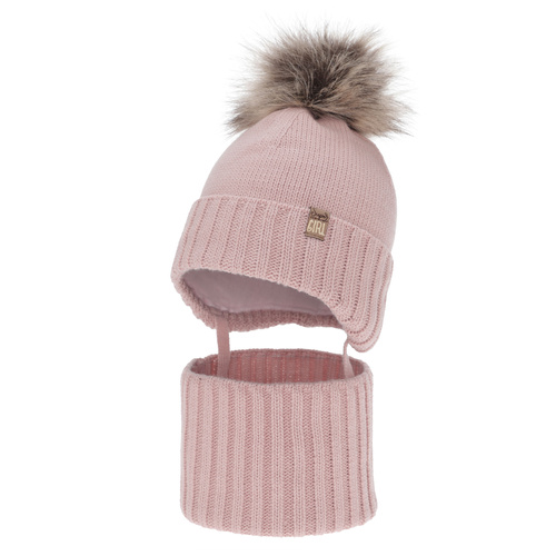 Ensemble d'hiver fille: bonnet et snood, rose, avec pompon, Primula