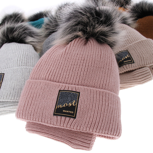 Ensemble d'hiver fille: bonnet et snood, gris, avec pompon, Sycylia