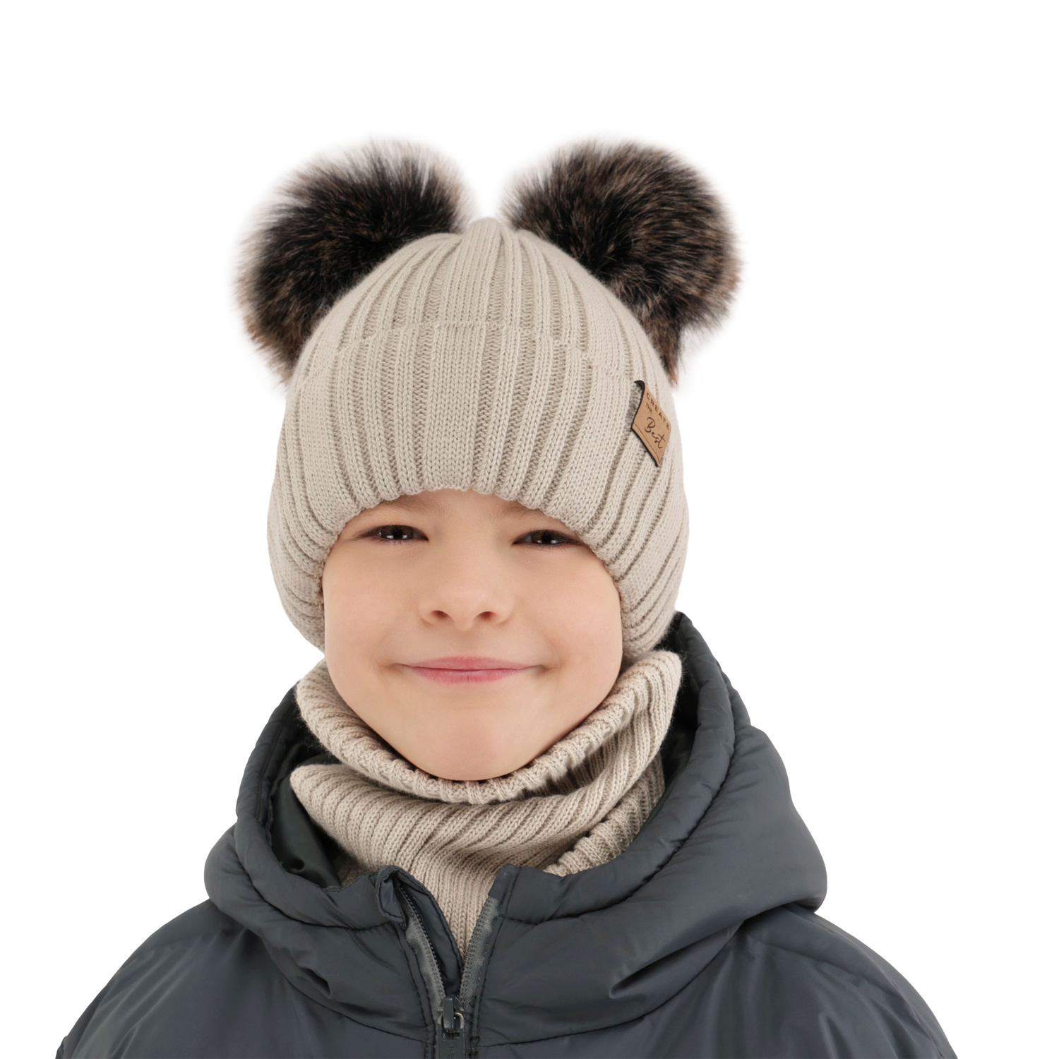 Ensemble d'hiver garçon: bonnet et snood, brun, avec deux pompons, Bilard