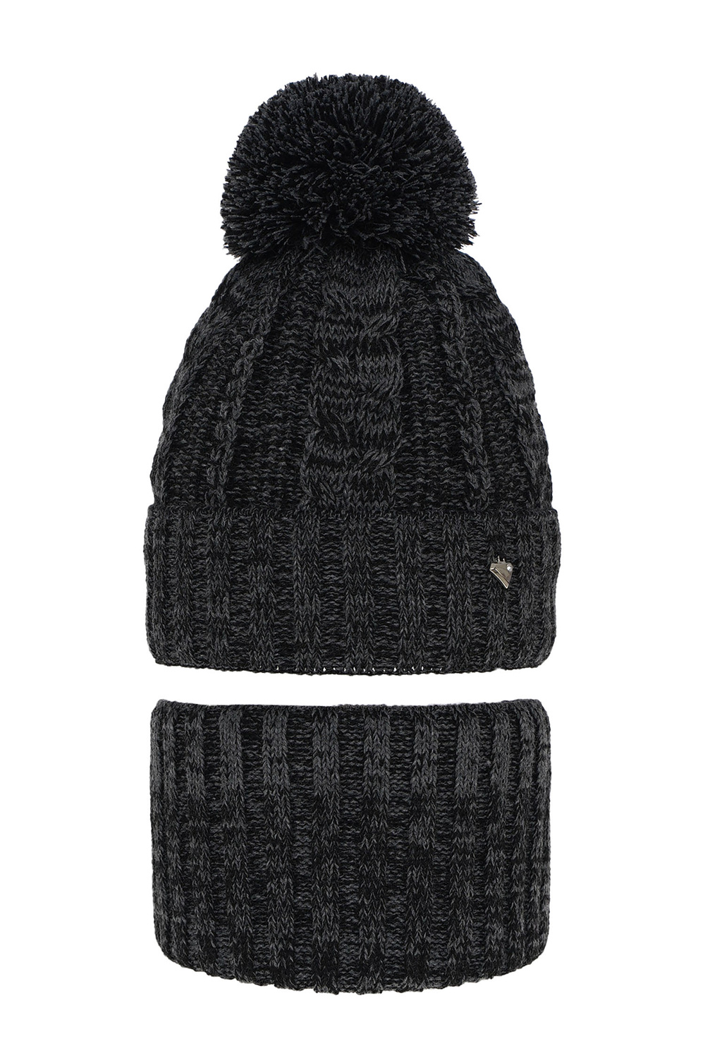 Ensemble d'hiver fille: bonnet et snood, gris foncé, avec pompon, Maroko