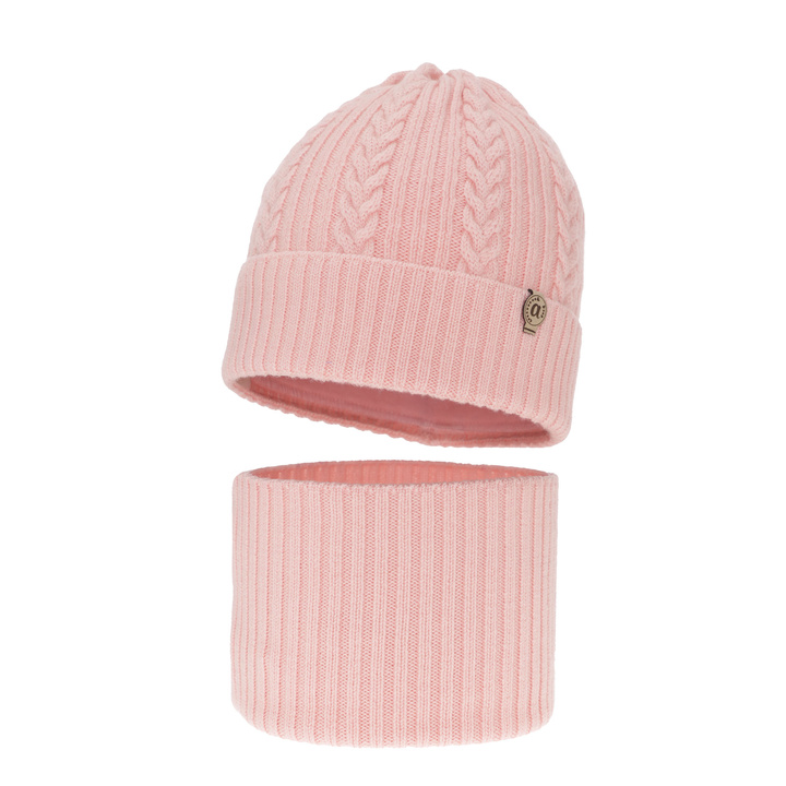 Ensemble d'hiver fille: bonnet et snood, rose, avec laine mérinos, Jenny