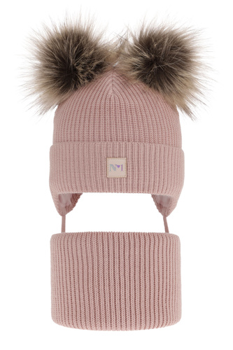 Ensemble d'hiver fille: bonnet et snood, rose, avec deux pompons, avec liens, Kiara