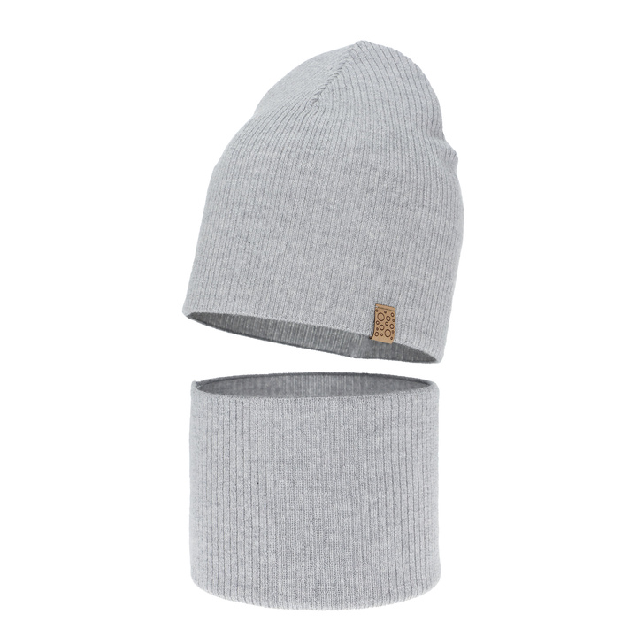 Ensemble automne/printemps fille: bonnet et snood, gris, avec laine mérinos, Ricona