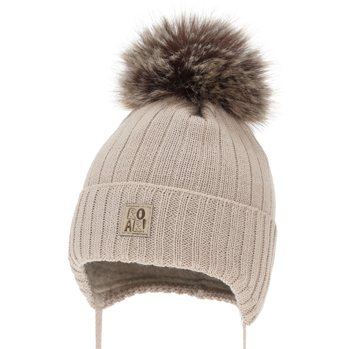 Bonnet d'hiver garçon, avec liens, avec laine mérinos, beige, Nabil