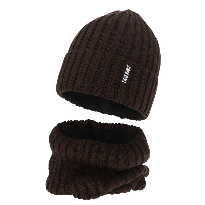 Ensemble d'hiver garçon: bonnet et snood, marron, avec laine mérinos, doublé de polaire, Banasko