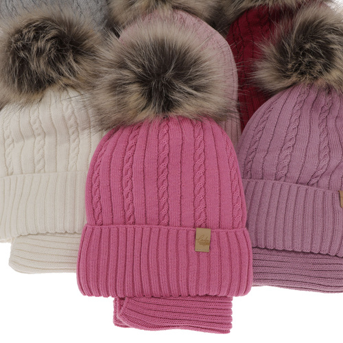 Ensemble d'hiver fille: bonnet et snood, amarante, avec laine mérinos, Mirabel