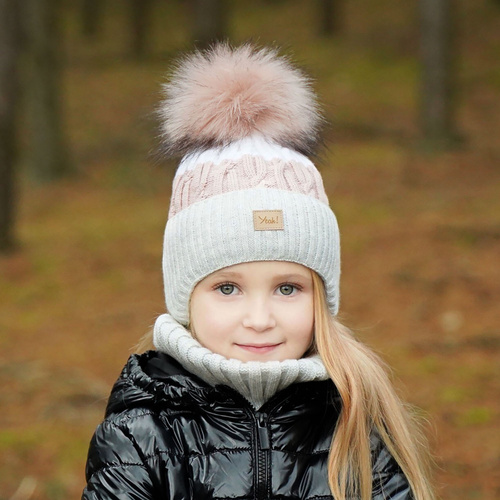 Ensemble d'hiver fille: bonnet et snood, crème, avec pompon, avec liens, Riviera