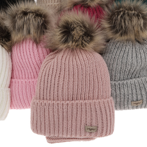 Ensemble d'hiver fille: bonnet et snood, beige, avec pompon, Willow