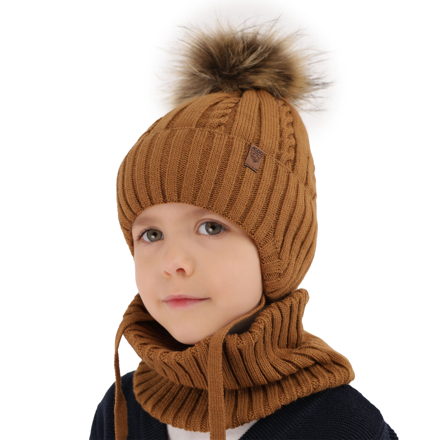 Ensemble d'hiver garçon: bonnet et snood, bleu marine, avec pompon, Peter