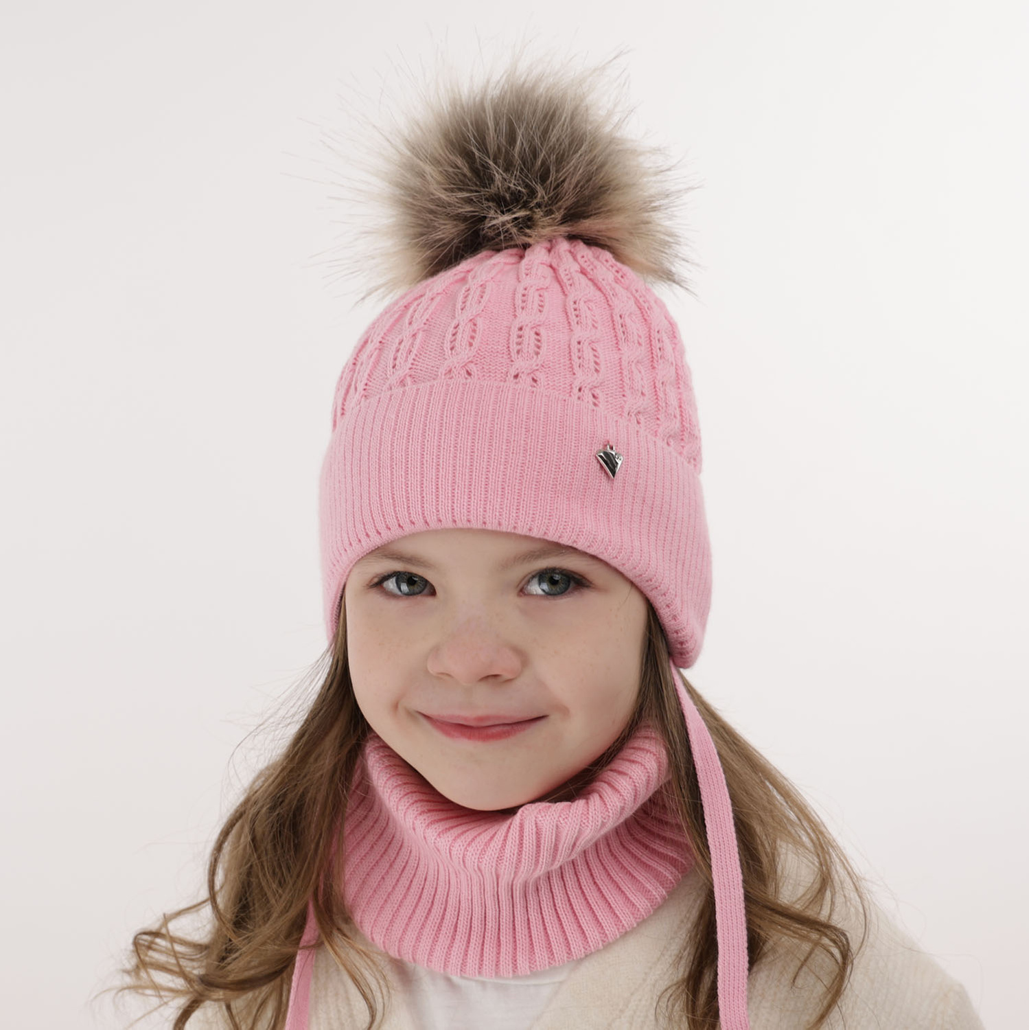 Ensemble d'hiver fille: bonnet et snood, blanc, avec pompon, avec liens, Tukana
