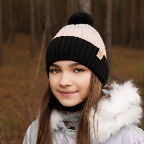 Ensemble d'hiver fille: bonnet et snood, brun, avec pompon, Indiana