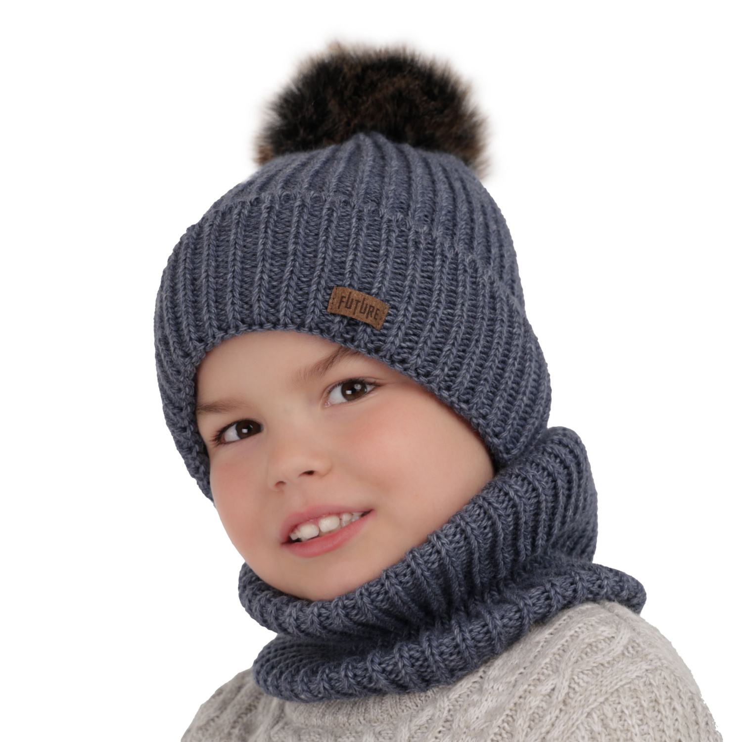Ensemble d'hiver garçon: bonnet et snood, bleu marine, avec pompon, Wonder