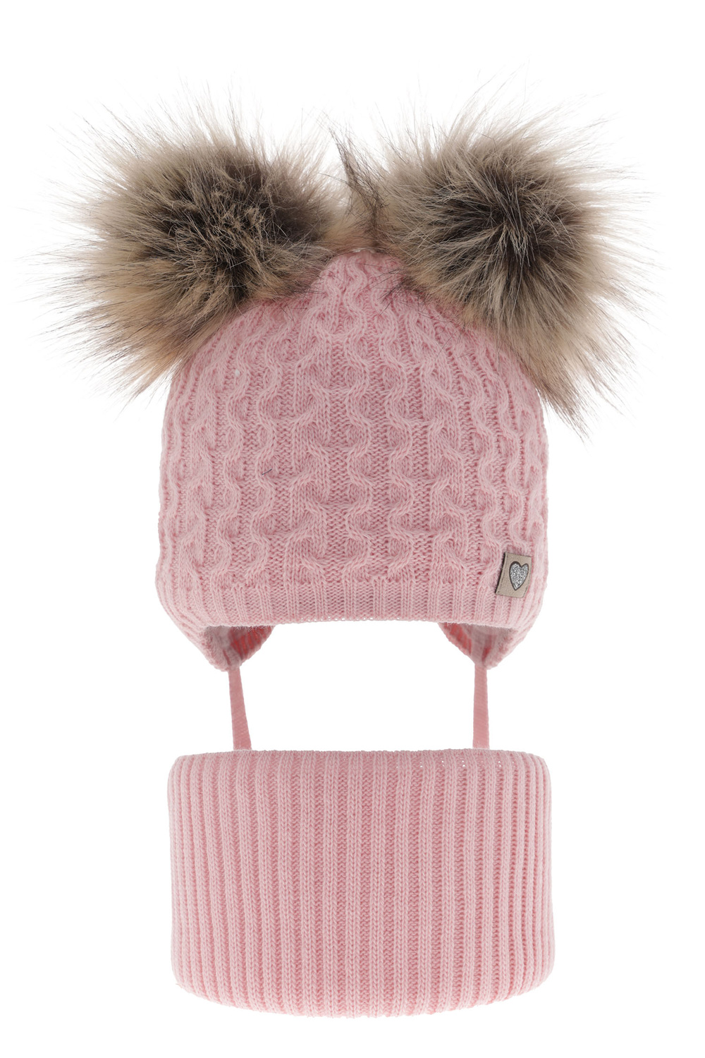 Ensemble d'hiver fille: bonnet et snood, rose, avec deux pompons, lié, Poliana