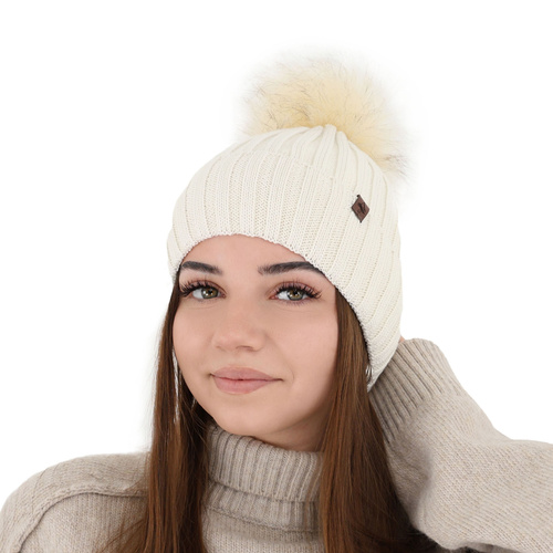 Bonnet d'hiver femme, crème, avec laine mérinos, Texa