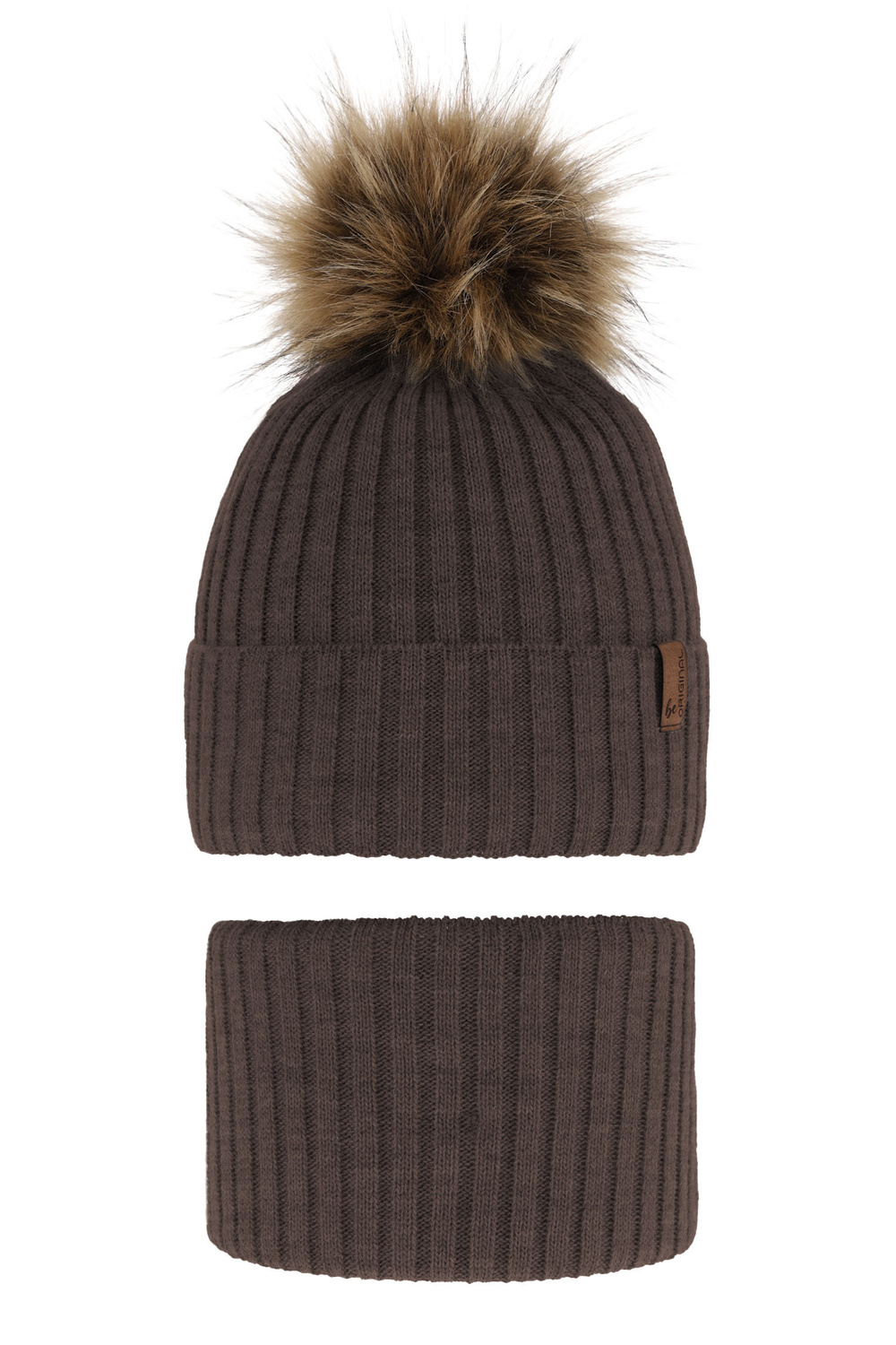 Ensemble d'hiver garçon: bonnet et snood, brun, avec pompon, Onyks
