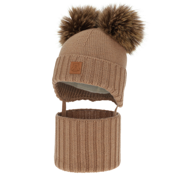 Ensemble bonnet et tour de cou garçon, hiver, camel, 100% laine mérinos, doublé polaire laine, Ronik