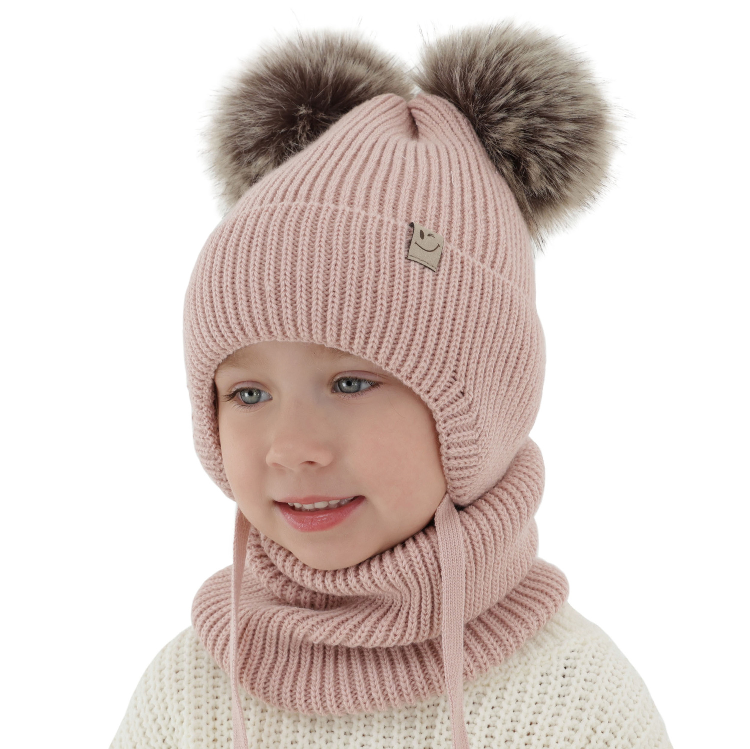 Ensemble d'hiver fille: bonnet et snood, noir, avec deux pompons, avec liens, Zori