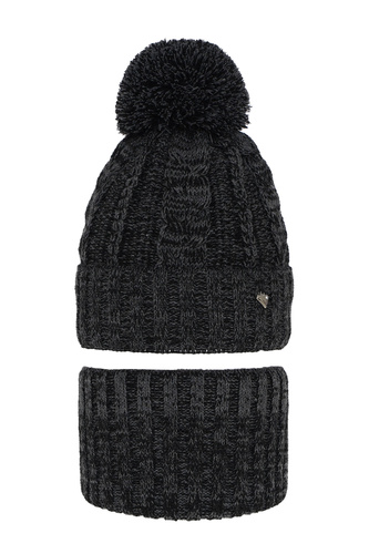 Ensemble d'hiver fille: bonnet et snood, gris foncé, avec pompon, Maroko