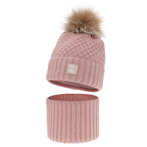 Ensemble d'hiver fille: bonnet et snood, rose, avec pompon, Alena