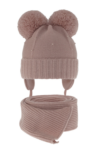 Ensemble d'hiver fille: bonnet et écharpe, rose, avec deux pompons, Fibien