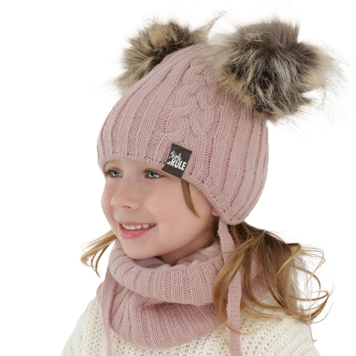 Ensemble d'hiver fille: bonnet et snood, rose, avec deux pompons, avec liens, Marlen