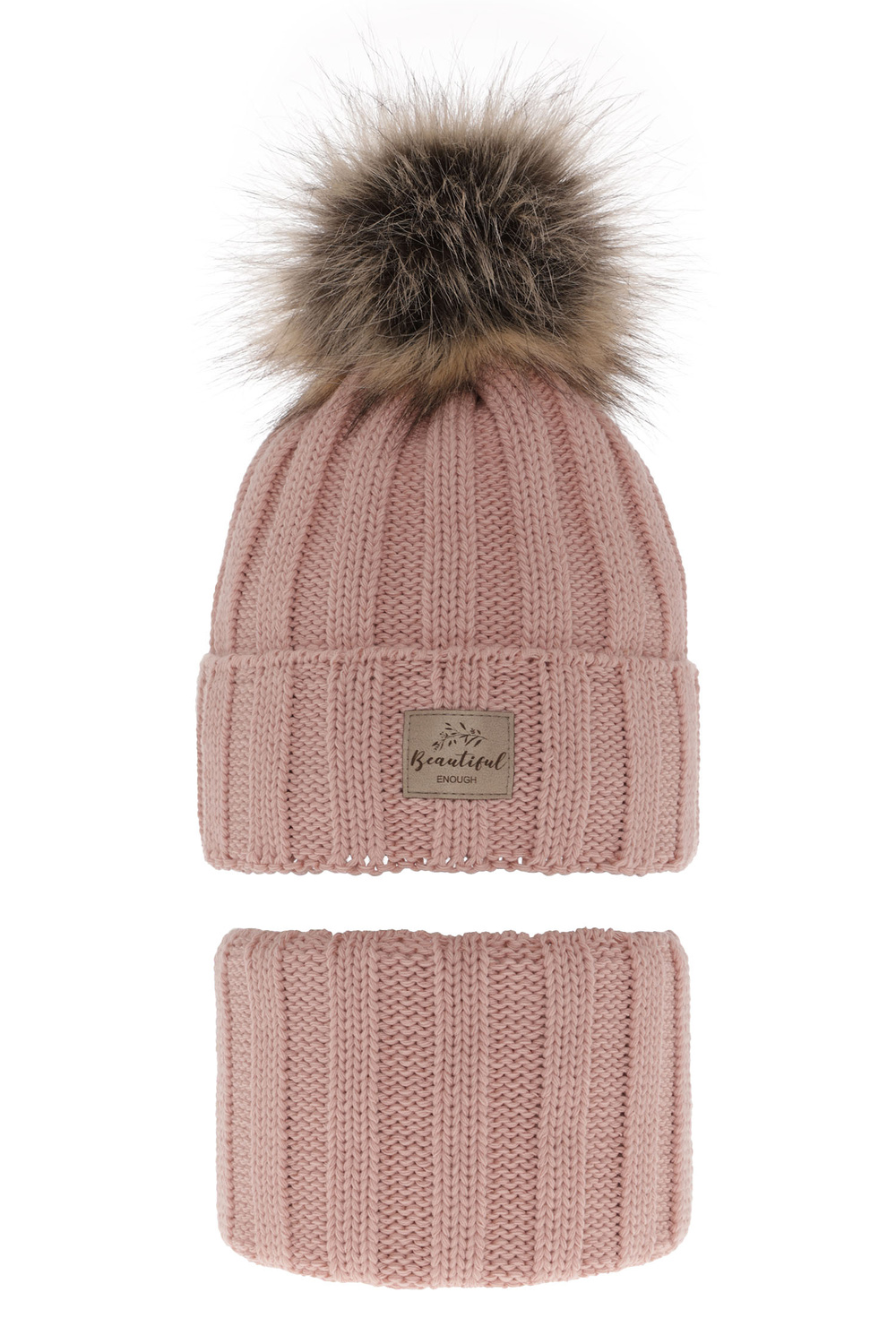Ensemble d'hiver fille: bonnet et snood, rose, avec pompon, Kaliope