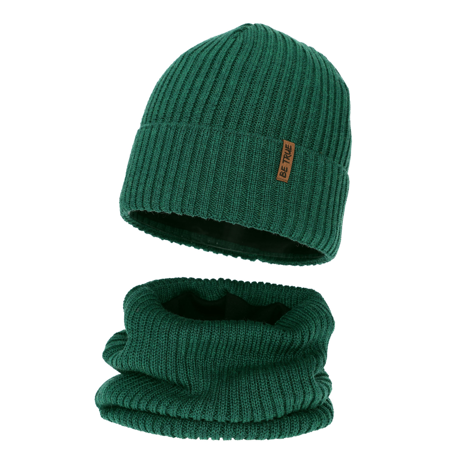 Ensemble d'hiver garçon (bonnet et snood), vert, doublé de polaire, avec laine mérinos, Colton