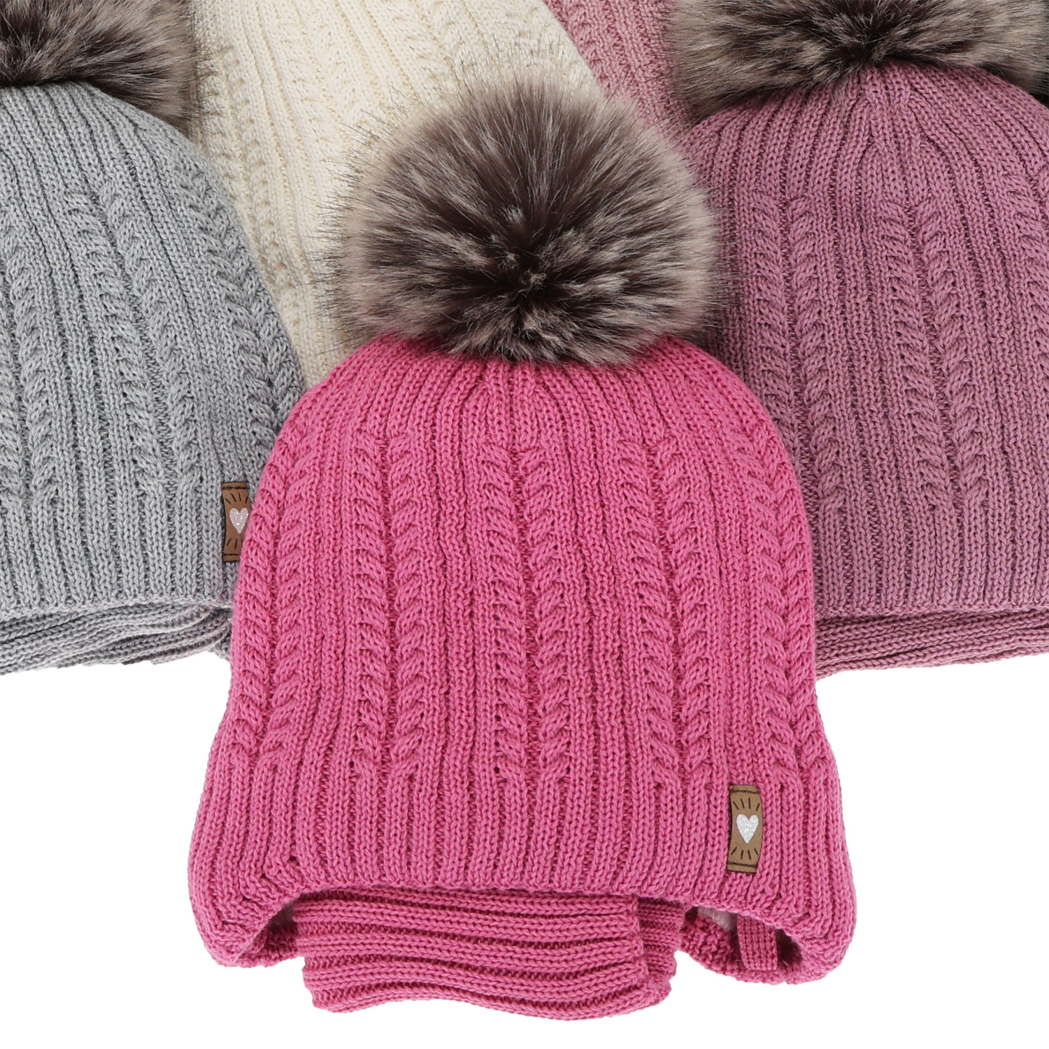 Ensemble d'hiver fille: bonnet et snood, beige, avec laine mérinos, avec pompon, avec liens, Muanda