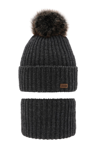 Ensemble d'hiver garçon: bonnet et snood, gris foncé, avec pompon, Wonder