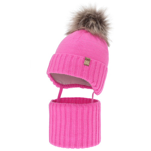 Ensemble d'hiver fille: bonnet et snood, rose, avec pompon, Primula