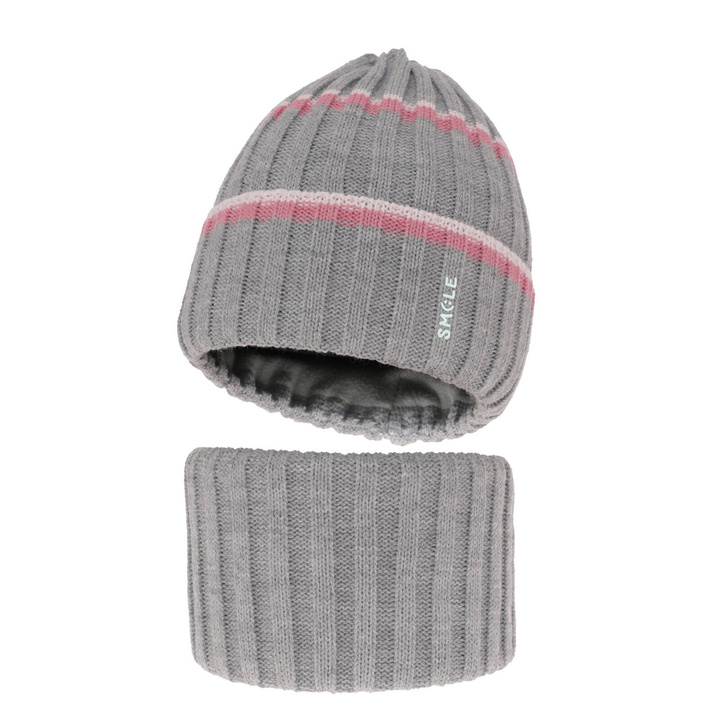 Ensemble d'hiver fille: bonnet et snood, gris, avec imprimé, Judit
