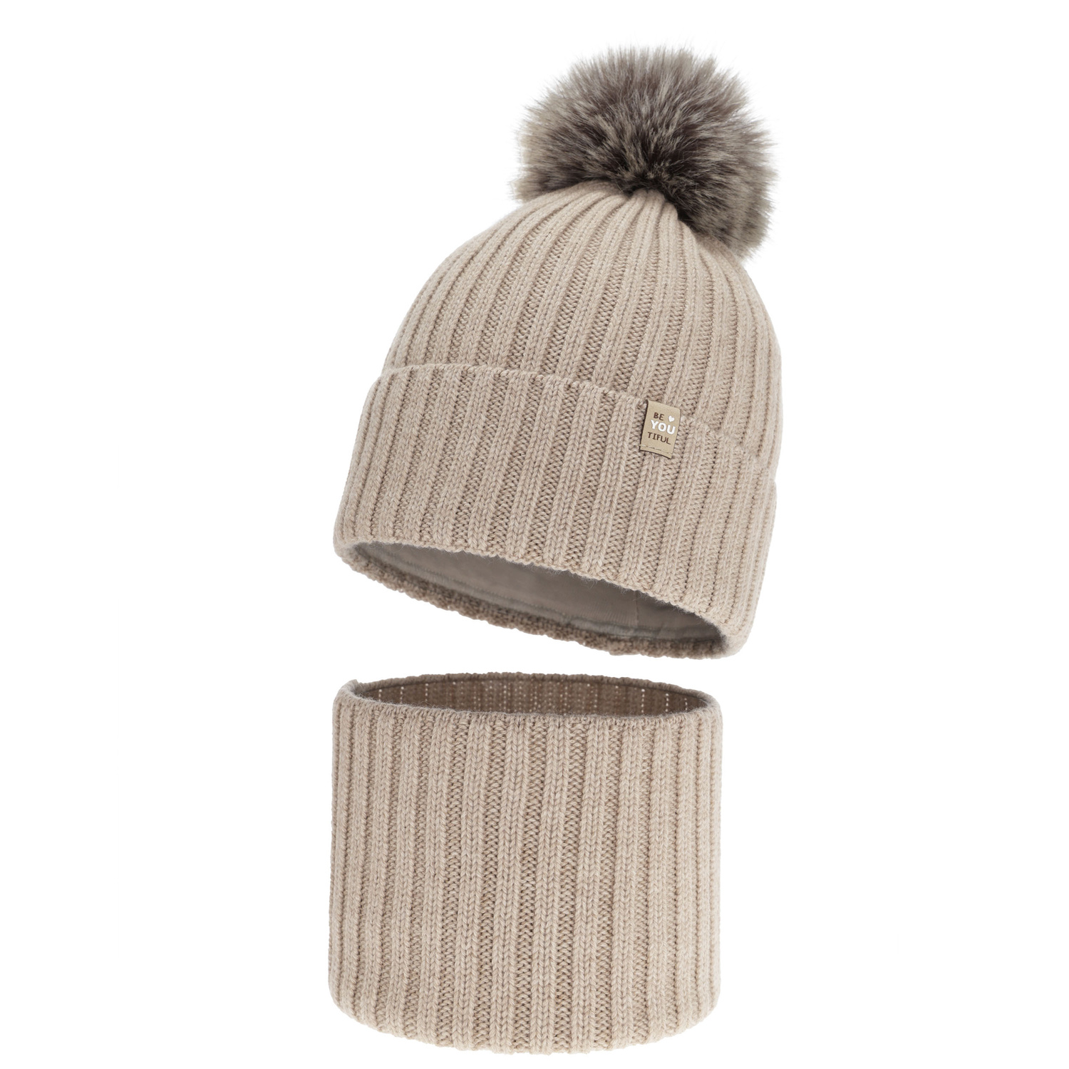 Ensemble d'hiver fille: bonnet et snood, beige, 100% Laine Mérinos, doublé de coton, avec pompon, Terida