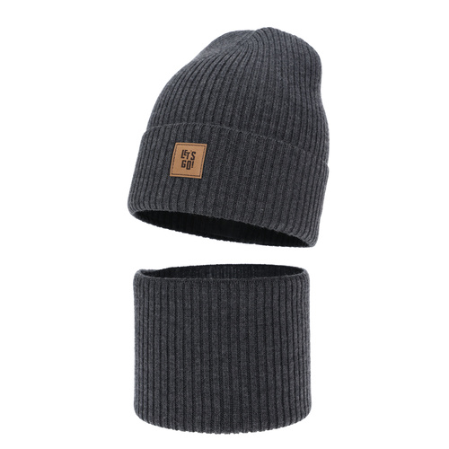 Ensemble automne/printemps garçon: bonnet et snood, gris, avec laine mérinos, Vanto