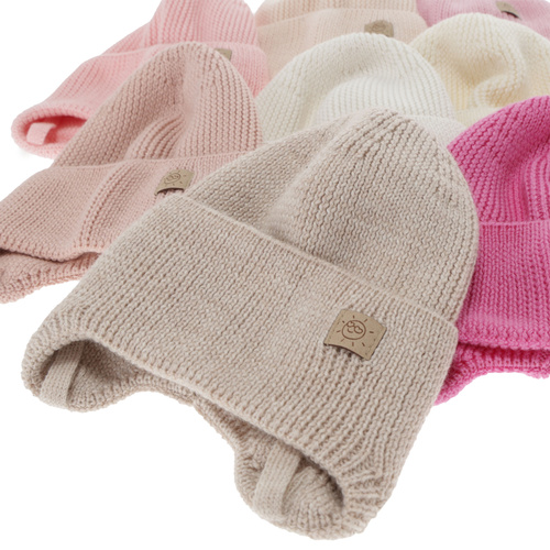 Bonnet automne/printemps fille, blanc, 100% laine mérinos, avec liens, Bafra