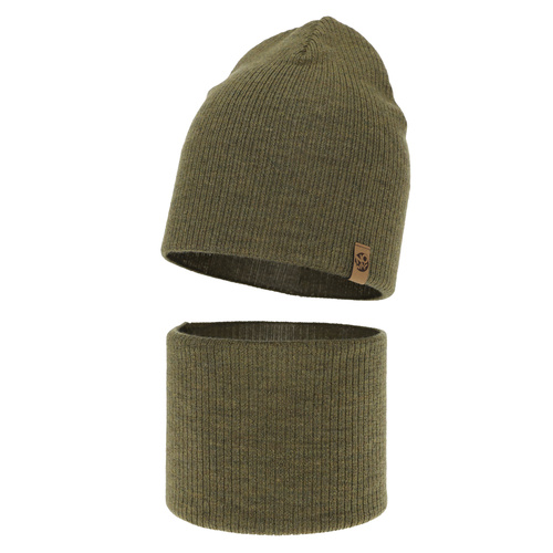 Ensemble automne/printemps garçon: bonnet et snood, khaki, avec laine mérinos, Richi