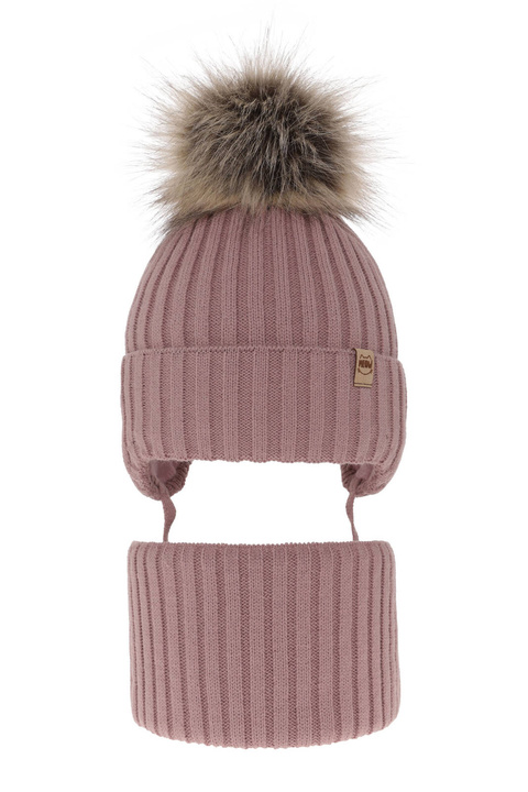 Ensemble d'hiver fille: bonnet et snood, violette, avec liens, avec pompon, Louisa