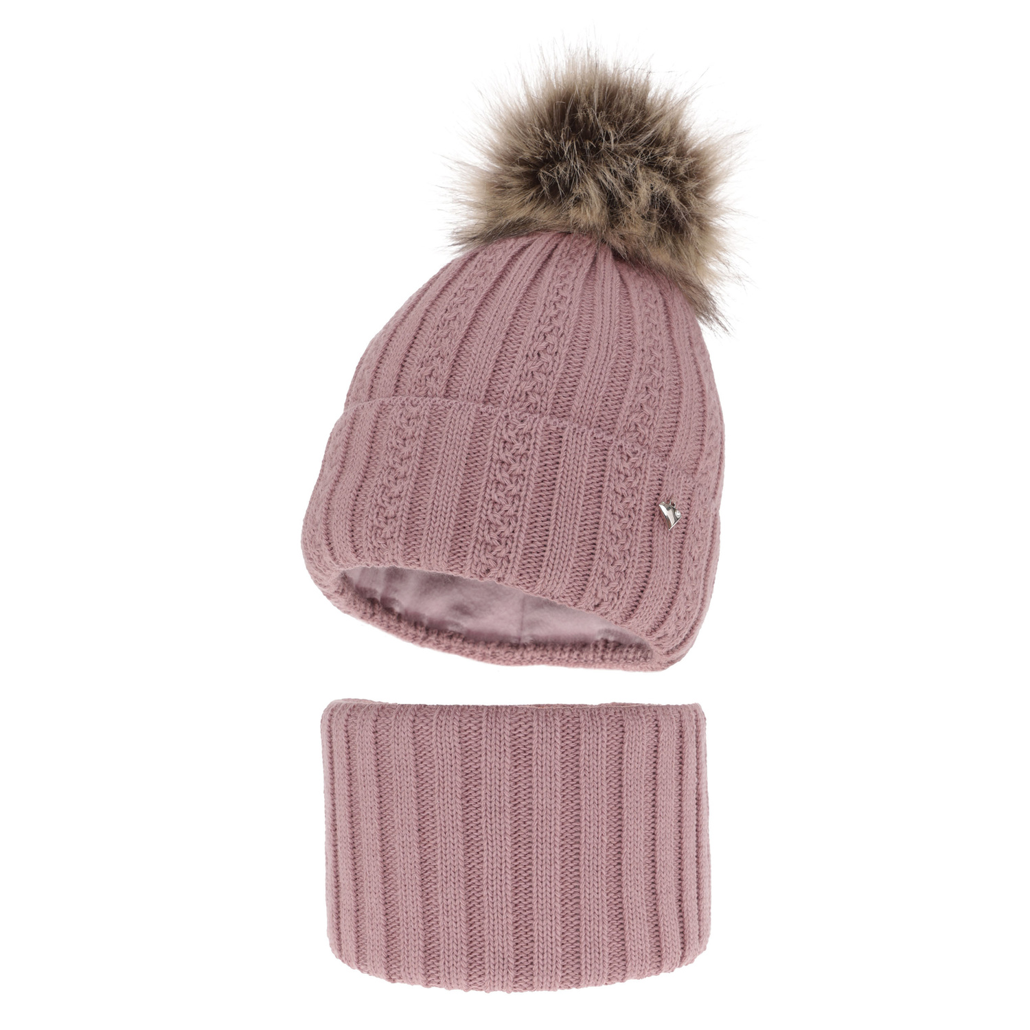 Ensemble d'hiver fille: bonnet et snood, violet, avec pompon, Wirginia