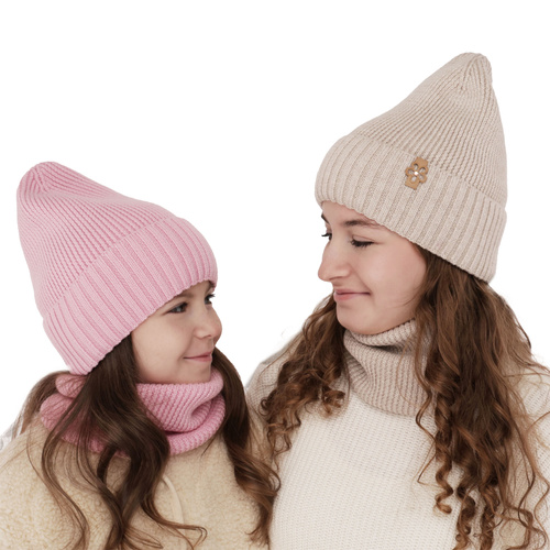Ensemble d'hiver fille: bonnet et snood, violet, avec laine mérinos, Nelita