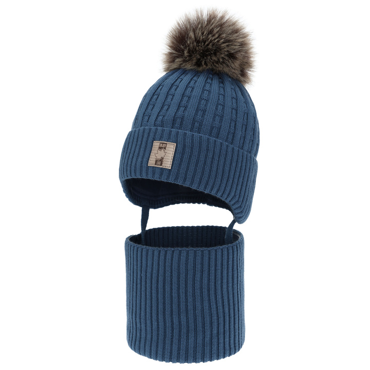 Ensemble d'hiver garçon: bonnet et snood, bleu, avec pompon, Fiamanto