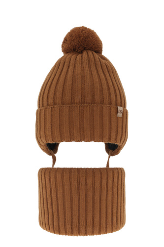 Ensemble d'hiver garçon: bonnet et snood, brun, avec pompon, Carlo