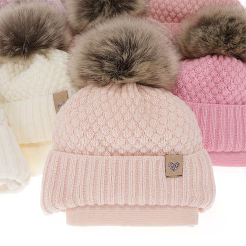 Ensemble d'hiver fille: bonnet et écharpe, rose clair, avec pompon, Bianca