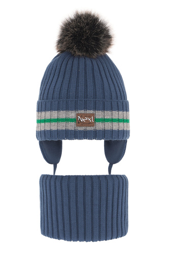 Ensemble d'hiver garçon: bonnet et snood, bleu, avec pompon, Echo