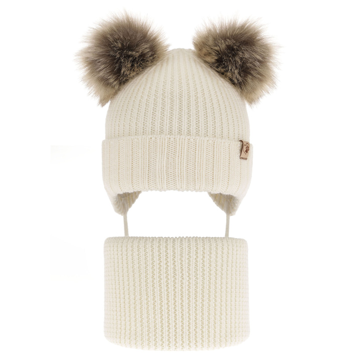 Ensemble d'hiver fille: bonnet et snood, crème, avec laine mérinos, avec liens, avec deux pompons, Silvia